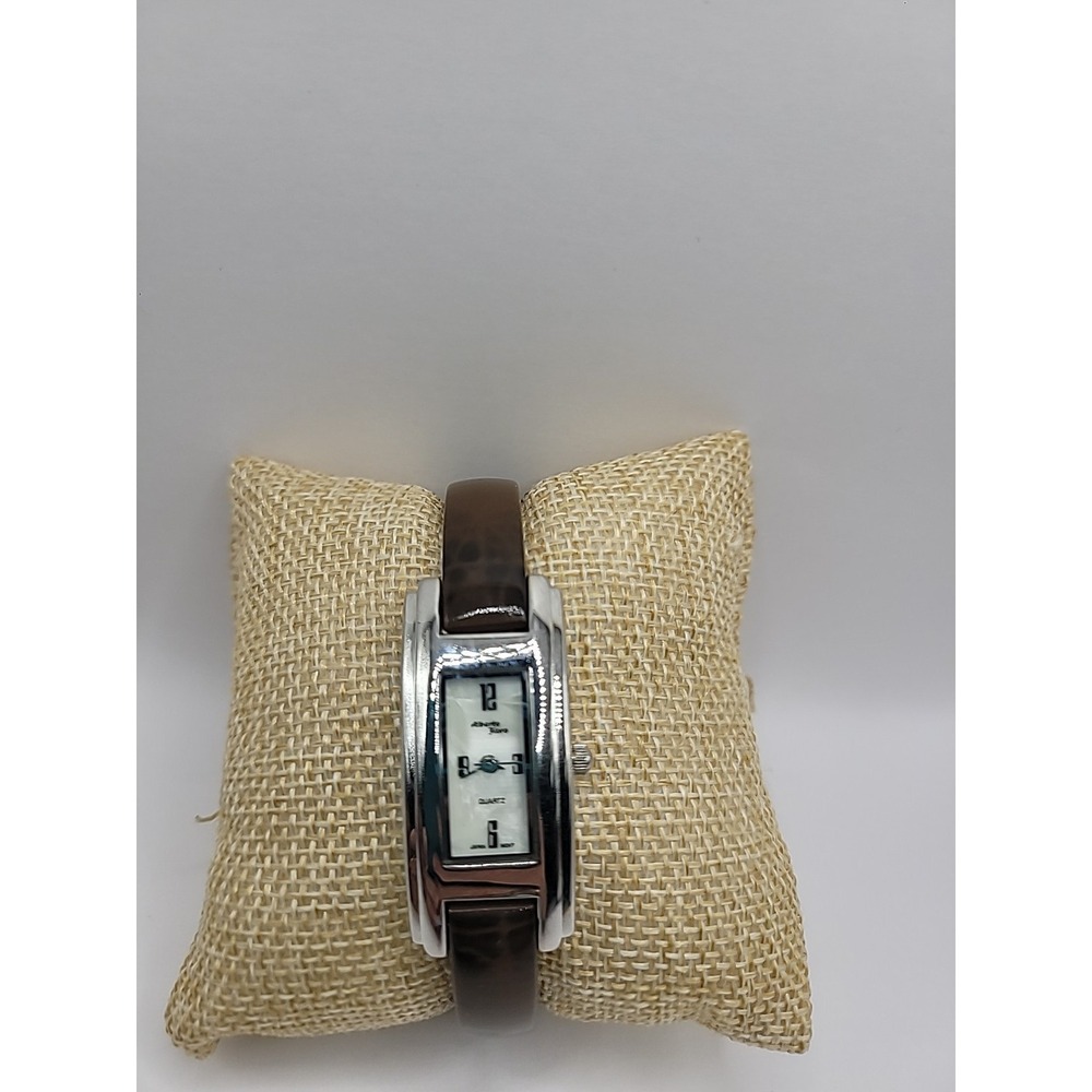 Vintage Alberto Fiore Womens Bangle Watch Silver Tone Rectangle Brown Black Cuff